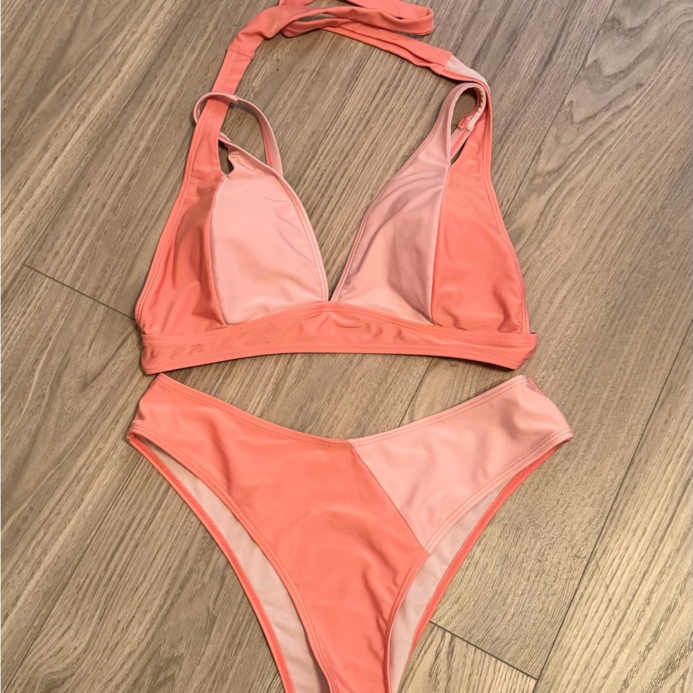 Colorblock Peach & Pink Halter Bikini Set – High Cut | Size XL